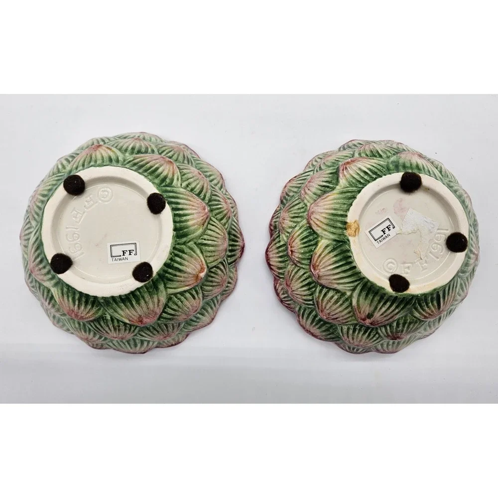 Fitz & Floyd 1991 Artichoke Bowls Set of 2 Green Purple Ceramic Botanical Decor